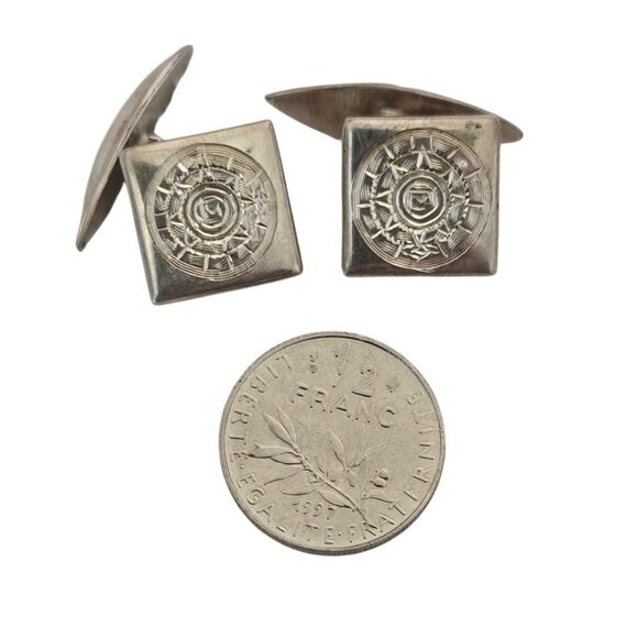 Sterling Silver 925 Square Cufflinks 1/2" With Engraved Geometric Design - Picture 4 of 5
